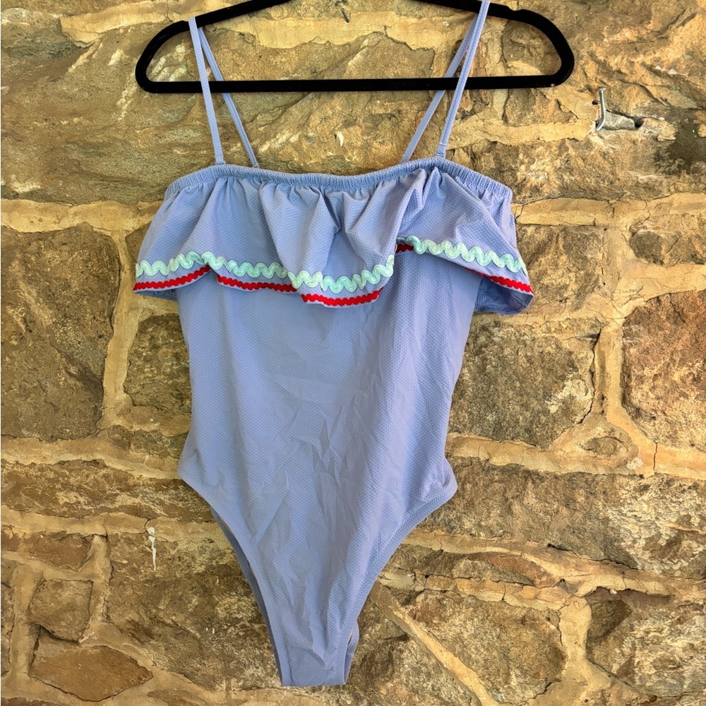 J. Crew Blue One Piece Swimsuit with Ruffle Detail
